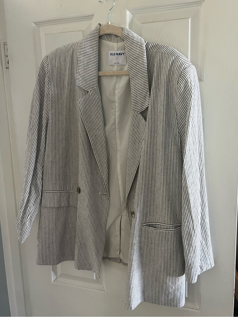 Old Navy Women’s Cream and Navy Blue Linen, Striped Blazer, Worn Once